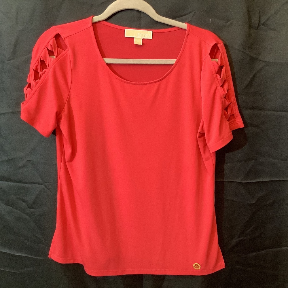 EUC Michael Kors‎ Corral/reddish blouse shirt cutout arms short sleeve ladies